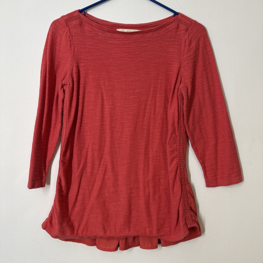 LOFT Pink Ruffle‎ Back Peplum Top Cotton 3/4 Sleeve Coastal Chic Small Feminine